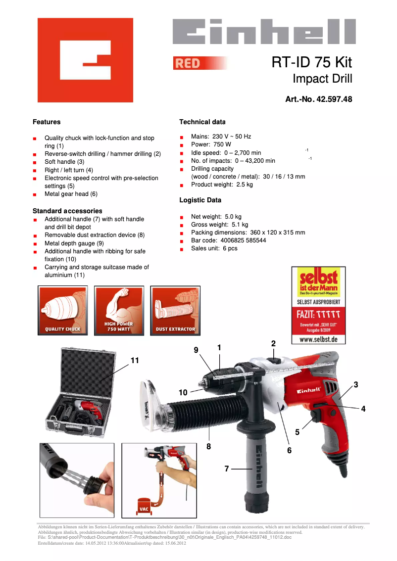 Page n°1 - Fiche technique Einhell RT-ID 75