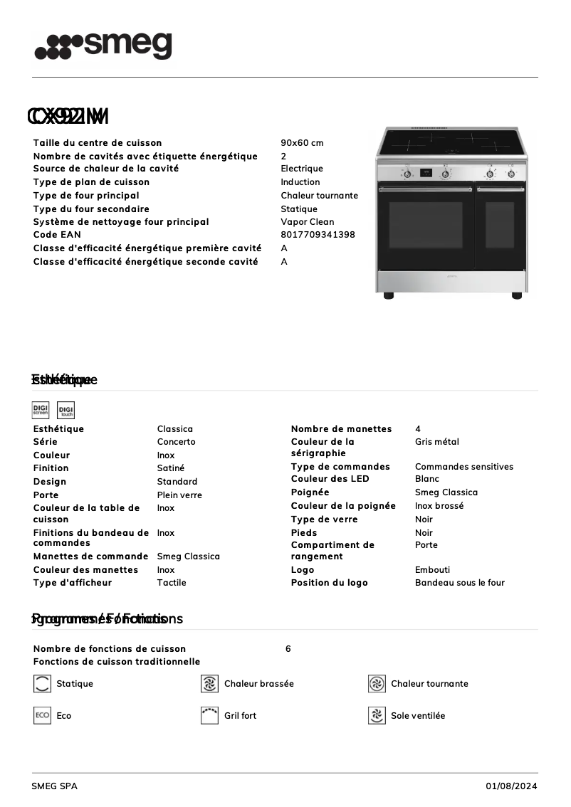 Page n°1 - Fiche technique Smeg CX92IM