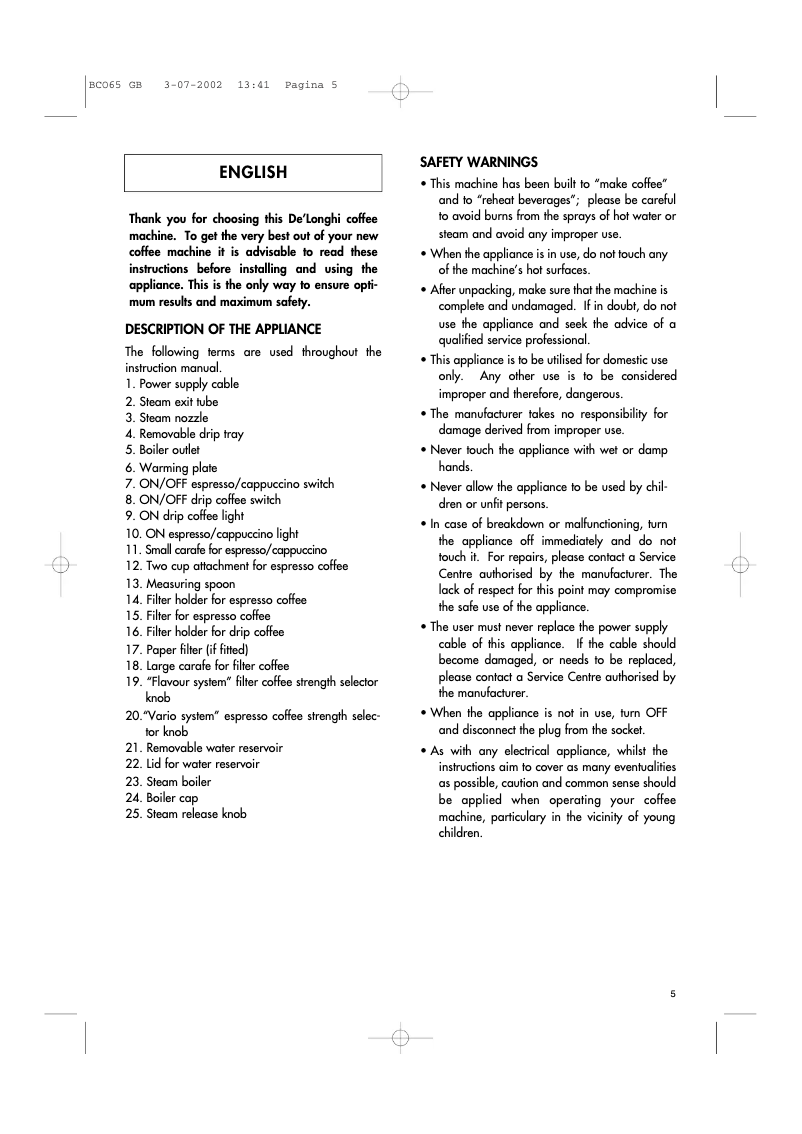 Image de la première page du manuel de l'appareil BCO65 GB