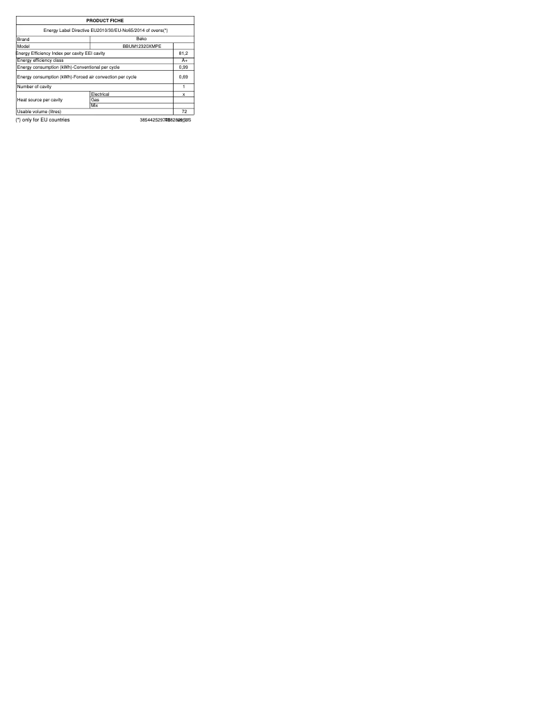 Page 1 de la notice Fiche technique Beko BBUM12320XMPE