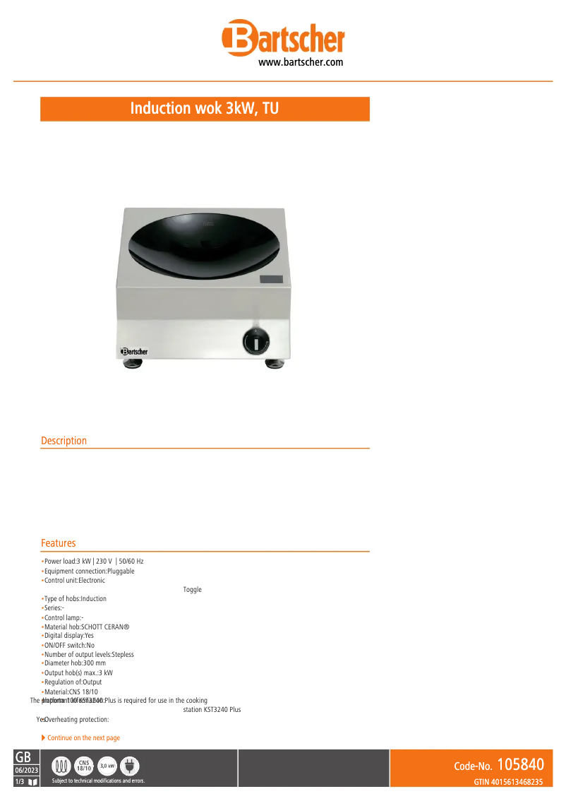 Page n°1 - Fiche technique Bartscher 105840