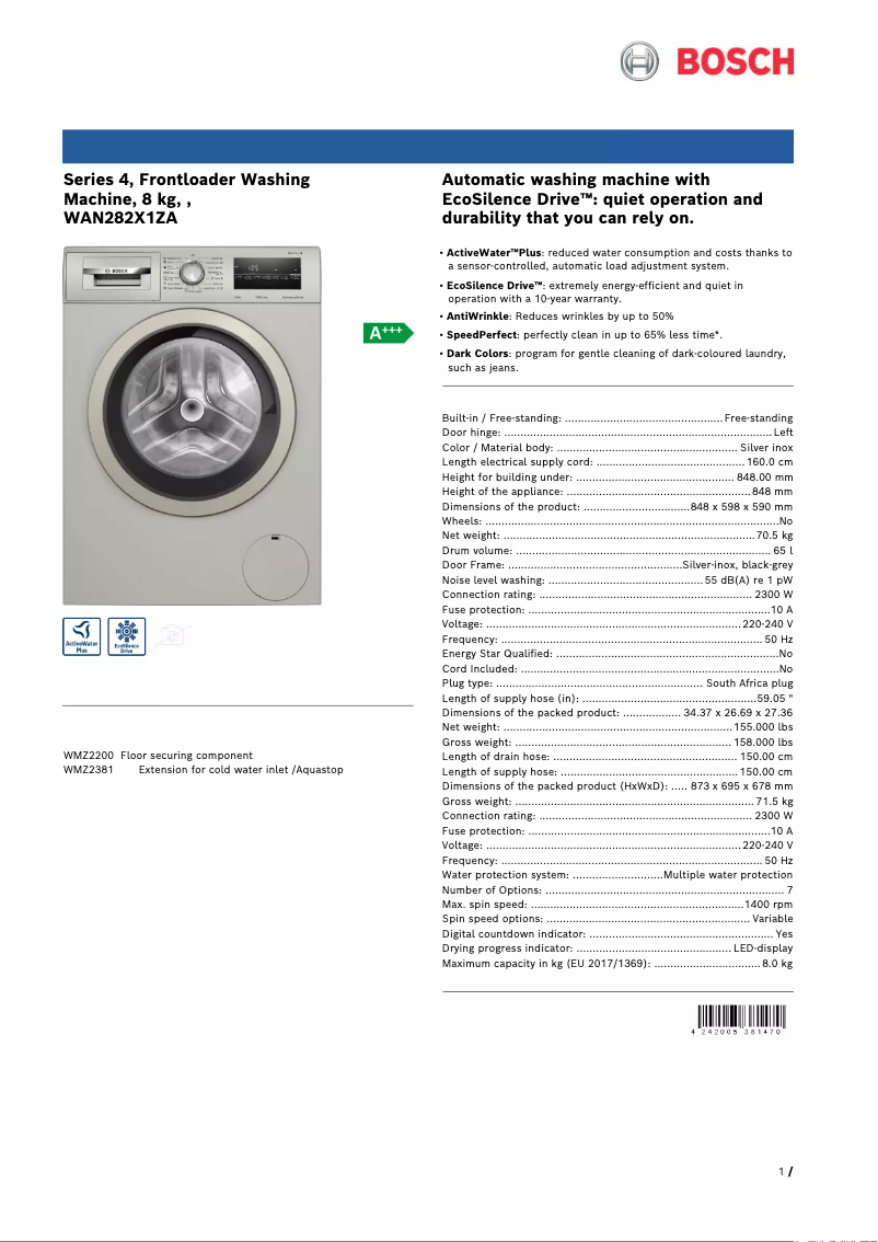 Página 1 del manual Ficha técnica Bosch WAN282X1ZA