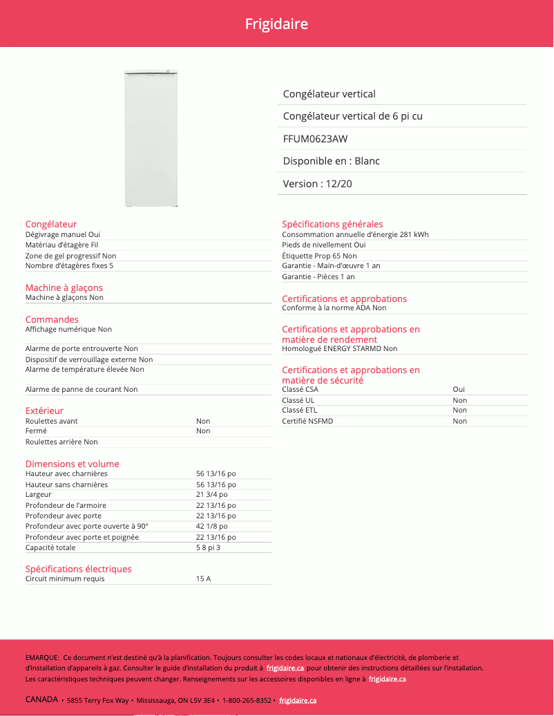 Page n°1 - Fiche technique Frigidaire FFUM0623AW