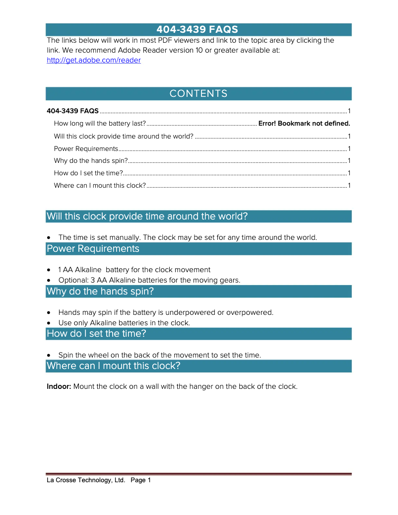 Page 1 de la notice FAQ La Crosse Technology 404-3439