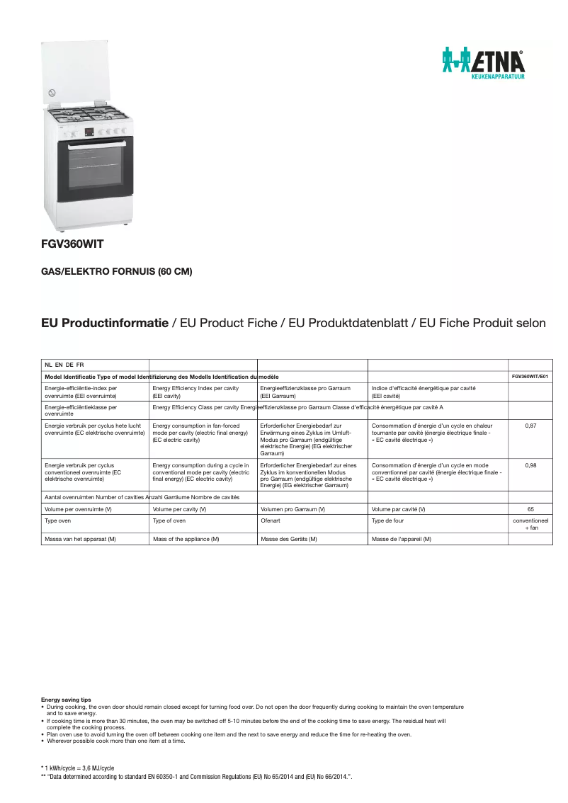 Page 1 de la notice Fiche technique Etna FGV360WIT