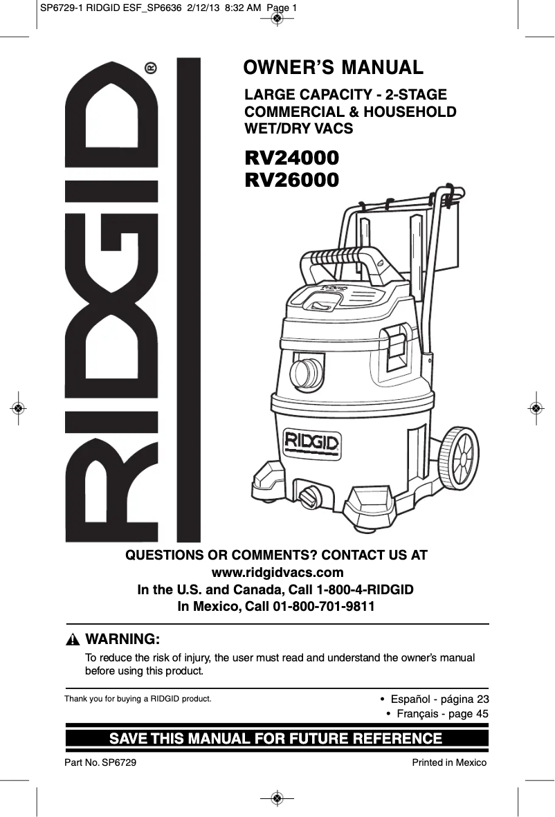 Page n°1 - Manuel utilisateur Ridgid RV2600B