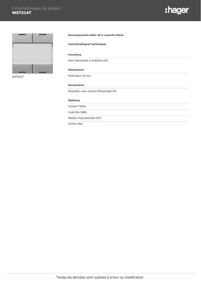 Page 1 de la notice Fiche technique Hager WST314T
