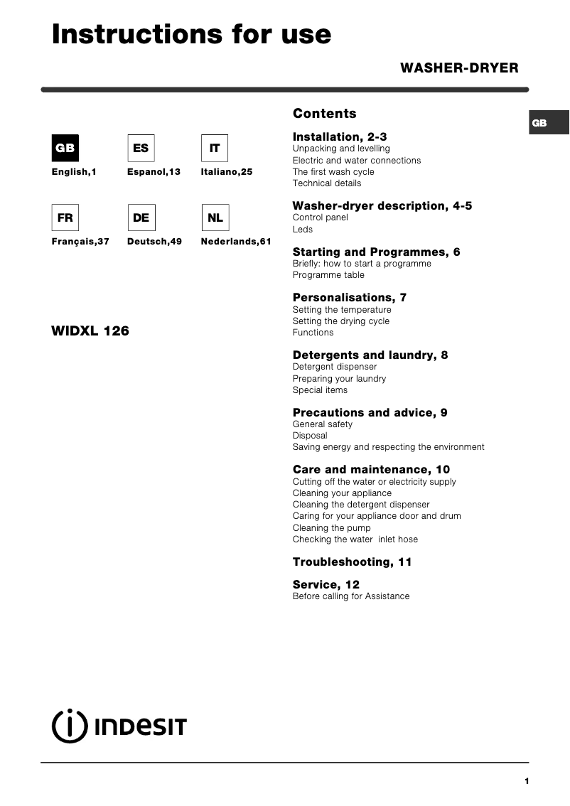 Page 1 de la notice Manuel utilisateur Indesit WIDXL 126