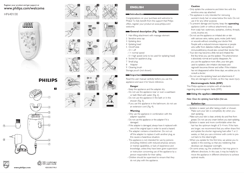 Page 1 de la notice Manuel utilisateur Philips Satinelle Plus HP6401