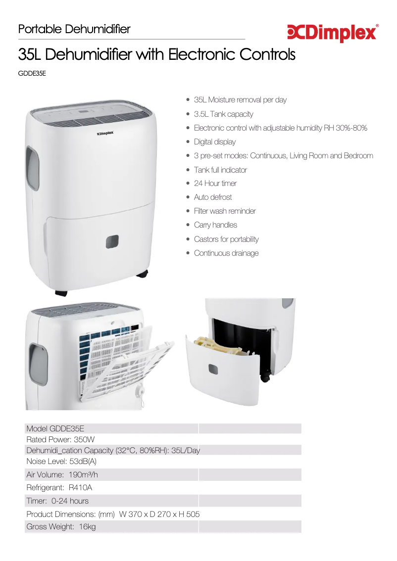Page 1 de la notice Fiche technique Dimplex GDDE35E