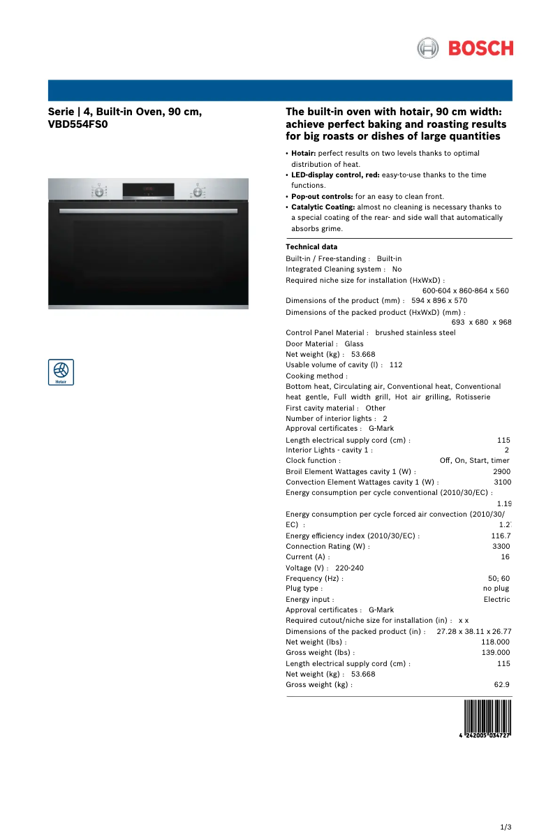 Page 1 of the manual Technical Sheet Bosch VBD554FS0