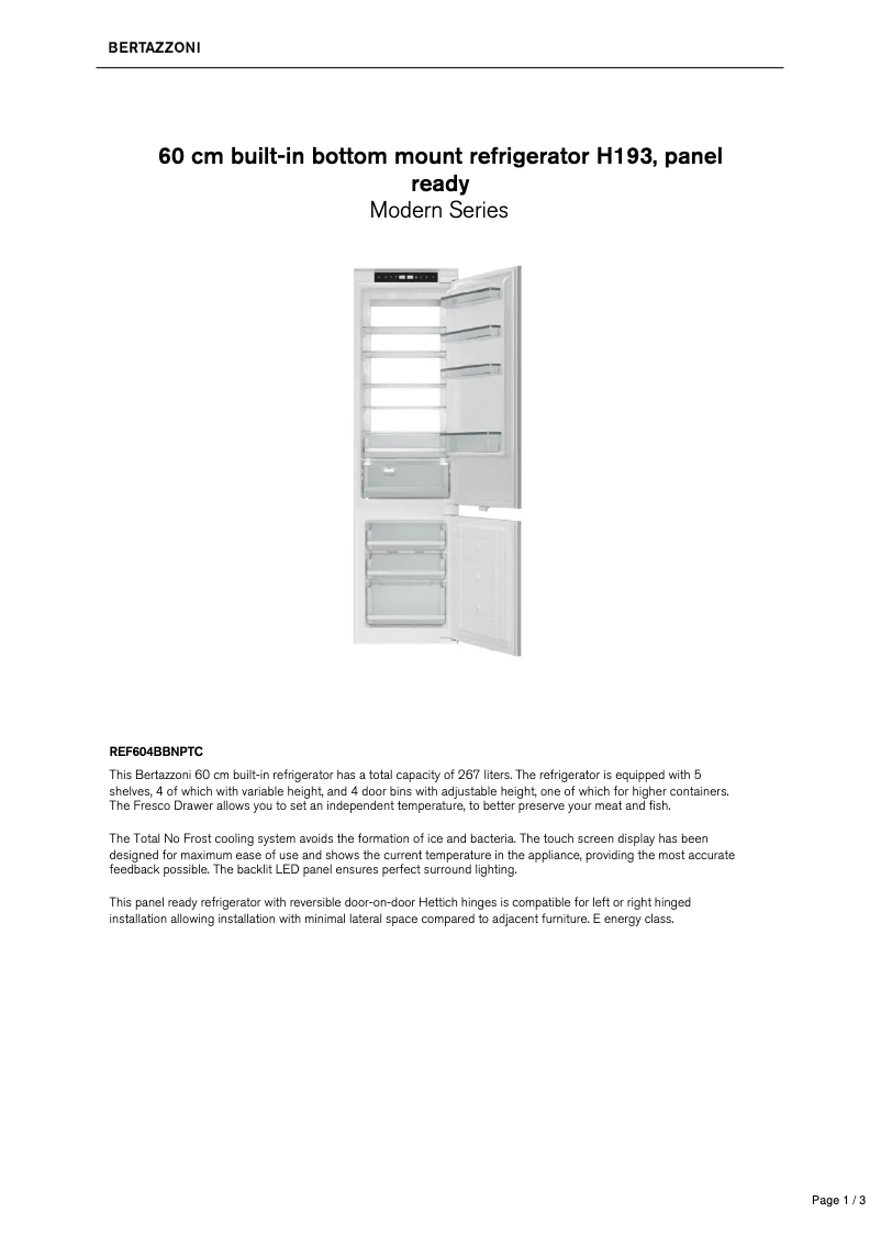 Page 1 de la notice Fiche technique Bertazzoni REF604BBNPTC