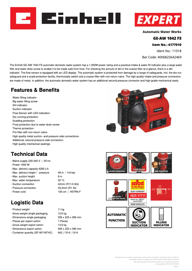 Page n°1 - Fiche technique Einhell GE-AW 1042 FS