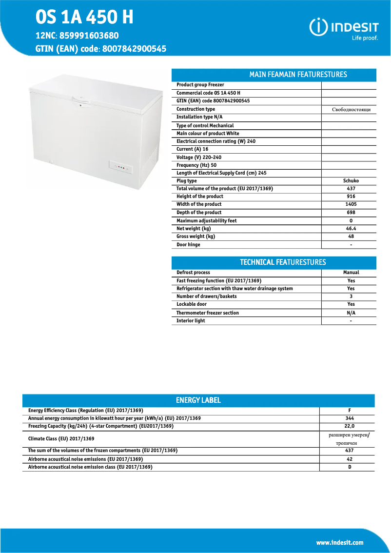 Page n°1 - Fiche technique Indesit OS 1A 450 H