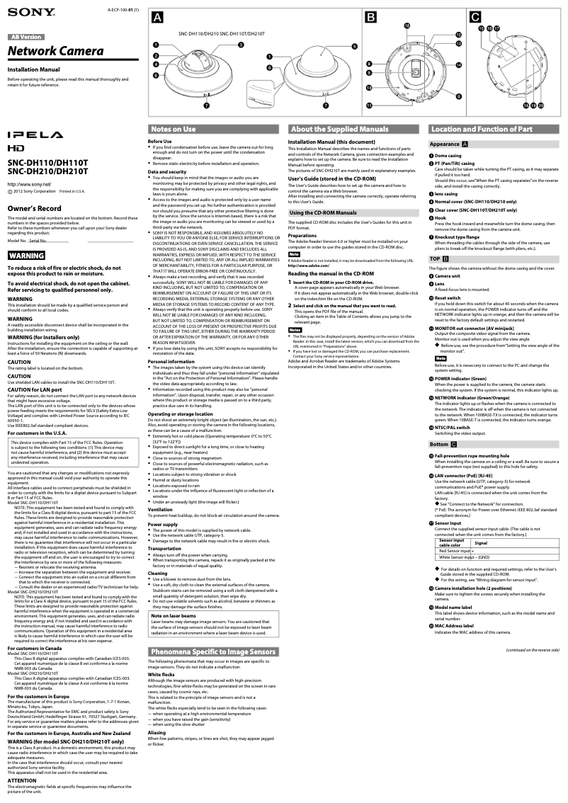 Page 1 de la notice Guide d'installation Sony SNC-DH210T