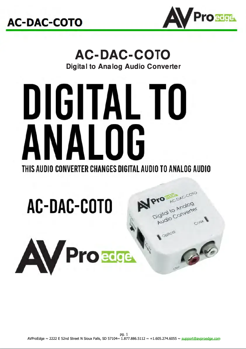 Page 1 de la notice Manuel utilisateur AVPro Edge AC-DAC-CO2