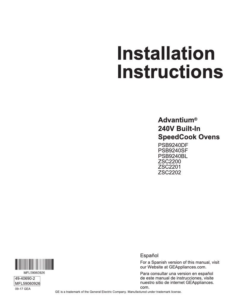 Page 1 de la notice Guide d'installation GE Profile PSB9240BLTS