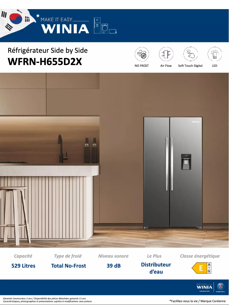 Page 1 de la notice Fiche technique Winia WFRN-H655D2X