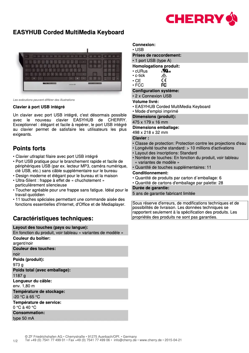 Page n°1 - Fiche technique Cherry EASYHUB