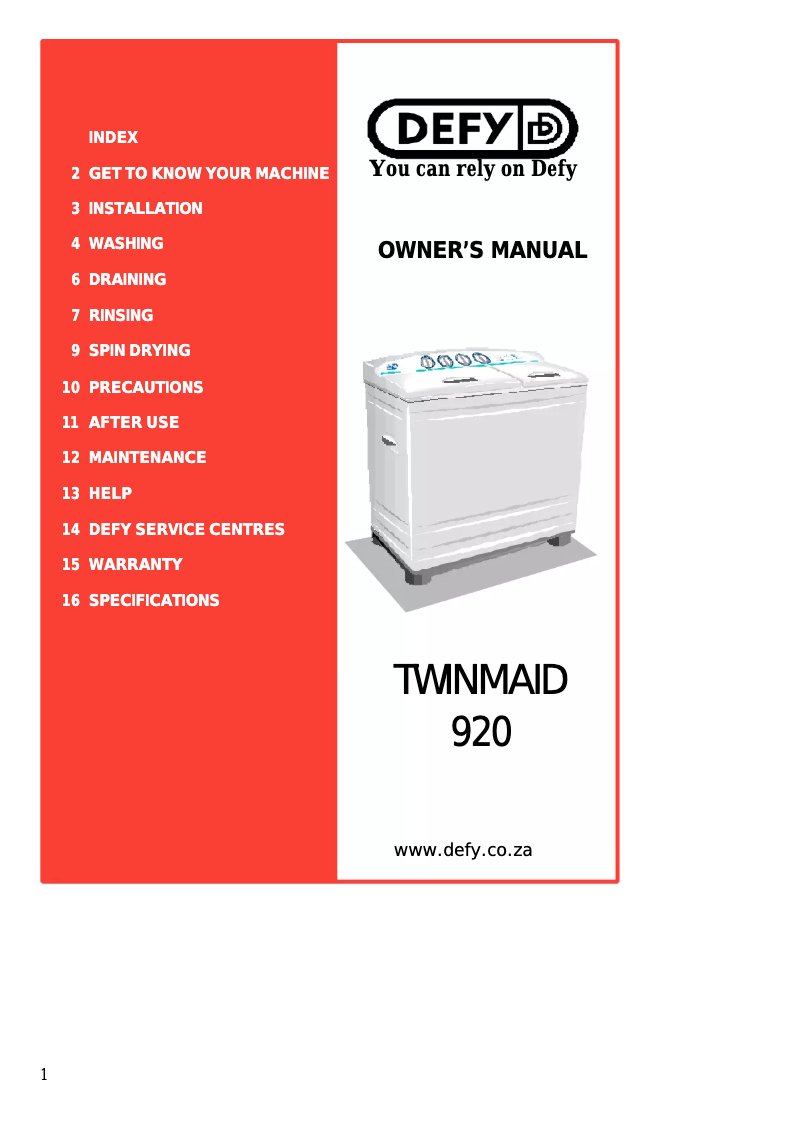 Page 1 de la notice Manuel utilisateur Defy Twinmaid 920