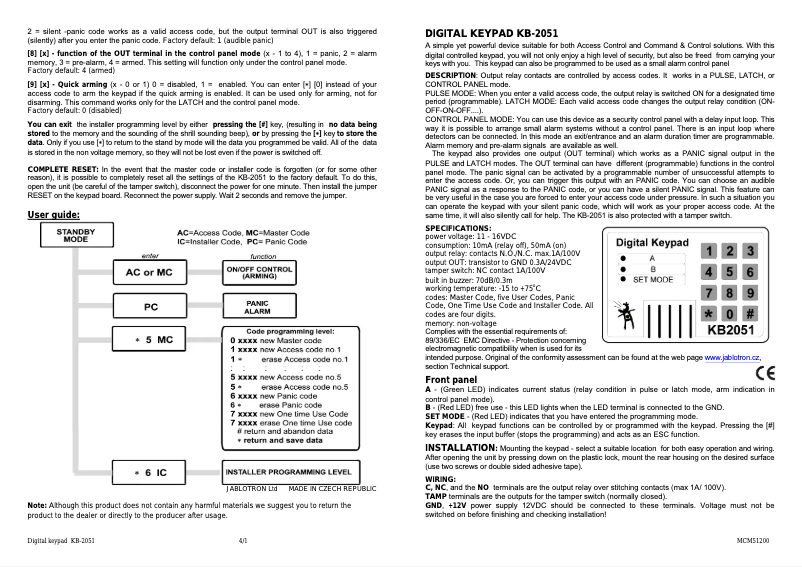 Page 1 de la notice Manuel utilisateur Joblotron KB-2051