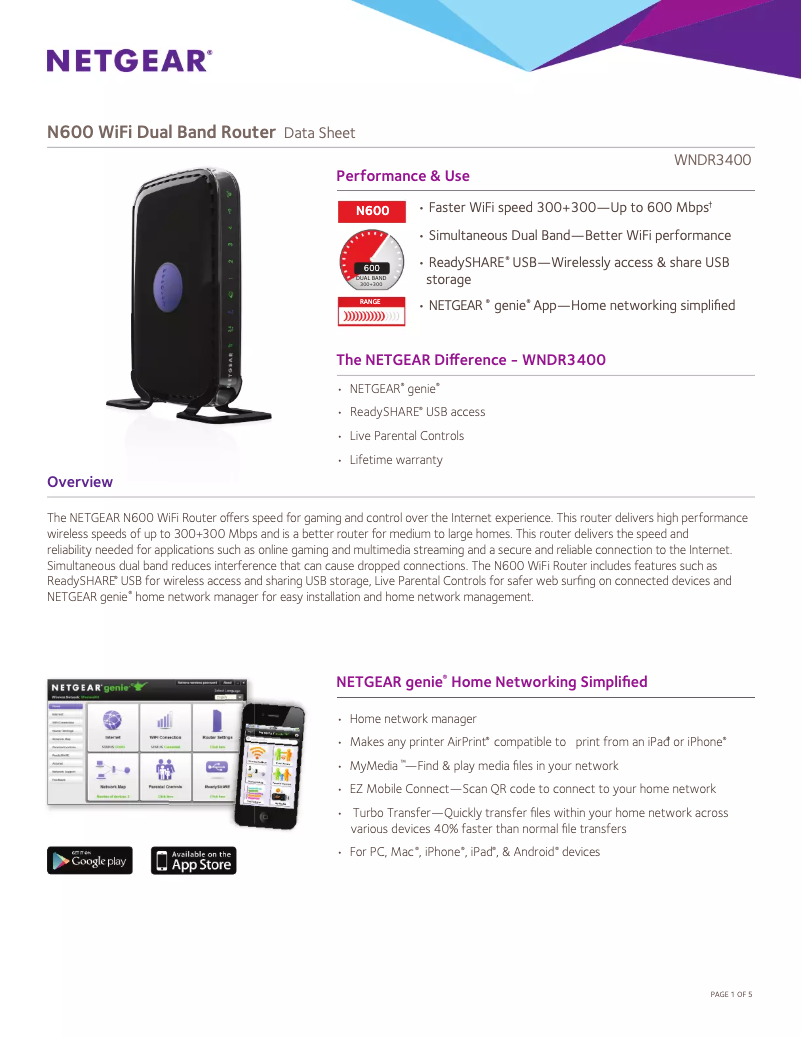 Page 1 de la notice Fiche technique Netgear WNDR3400v3