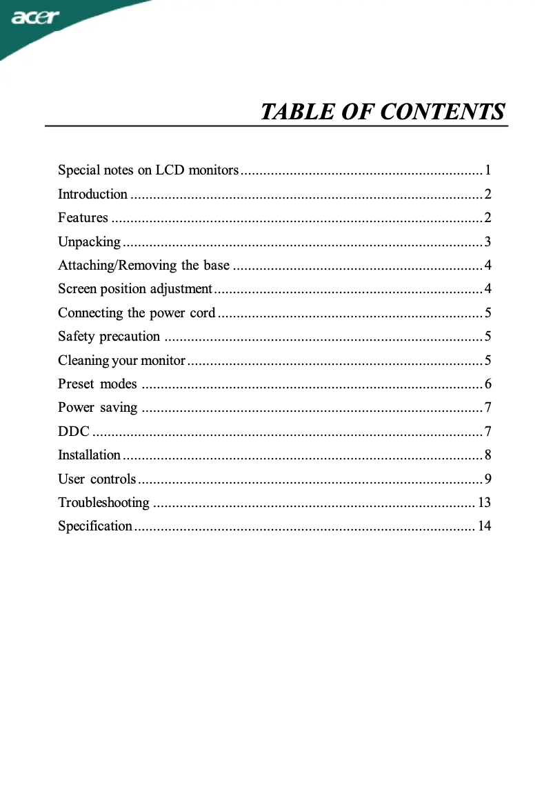 Page n°1 - Manuel utilisateur Acer Value AL1717Bm