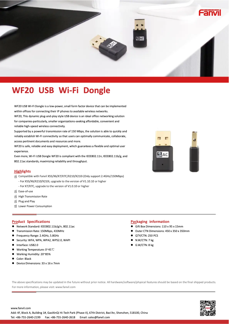 Page 1 de la notice Manuel utilisateur Fanvil WF20