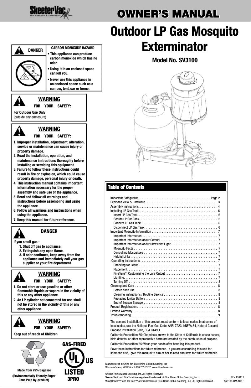 Page 1 de la notice Manuel utilisateur Blue Rhino SV3100