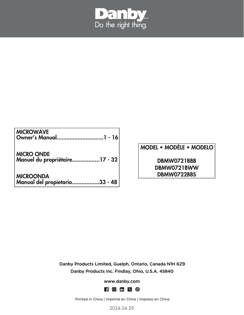 Page 1 de la notice Manuel utilisateur Danby DBMW0721BBB