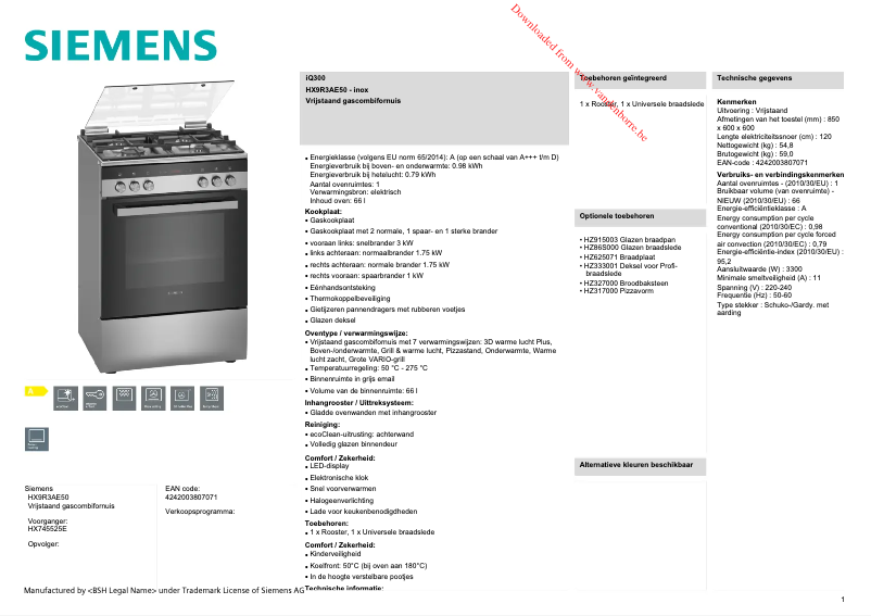 Page n°1 - Fiche technique Siemens iQ300 HX9R3AE50