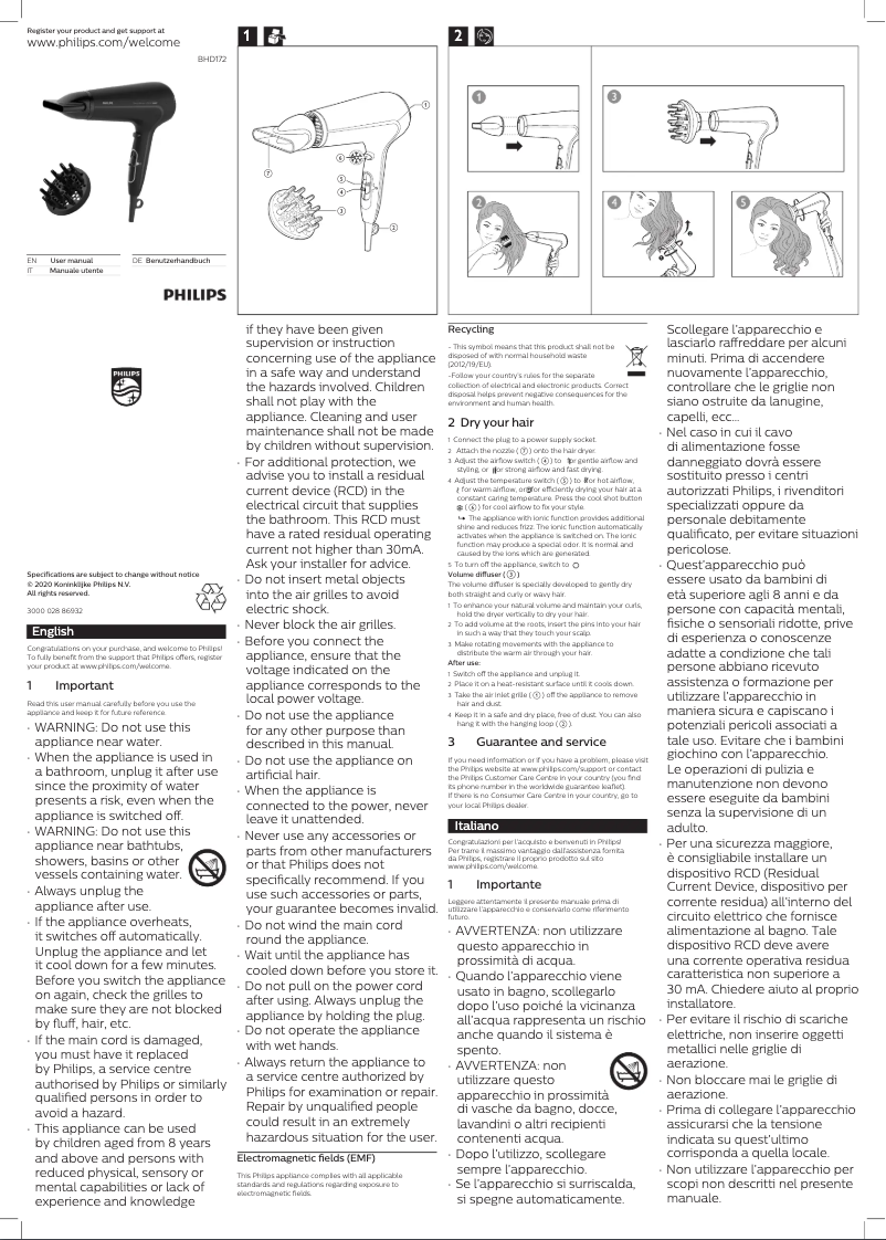 Page 1 de la notice Manuel utilisateur Philips Drycare Advanced BHD172