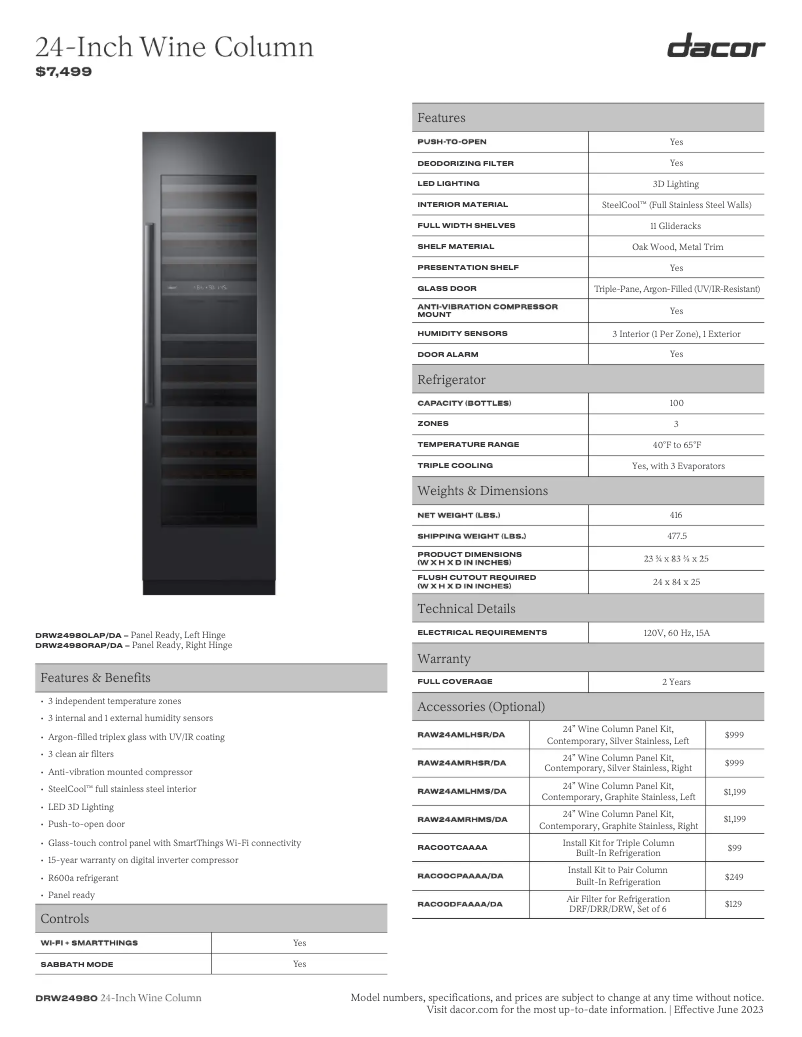 Page 1 de la notice Fiche technique Dacor RAW24AMLHMS