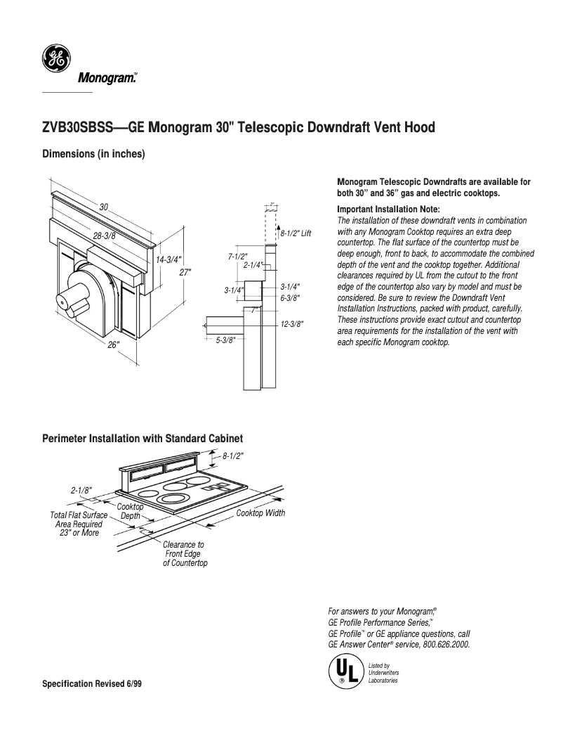 Page 1 de la notice Fiche technique GE ZVB30SBSS