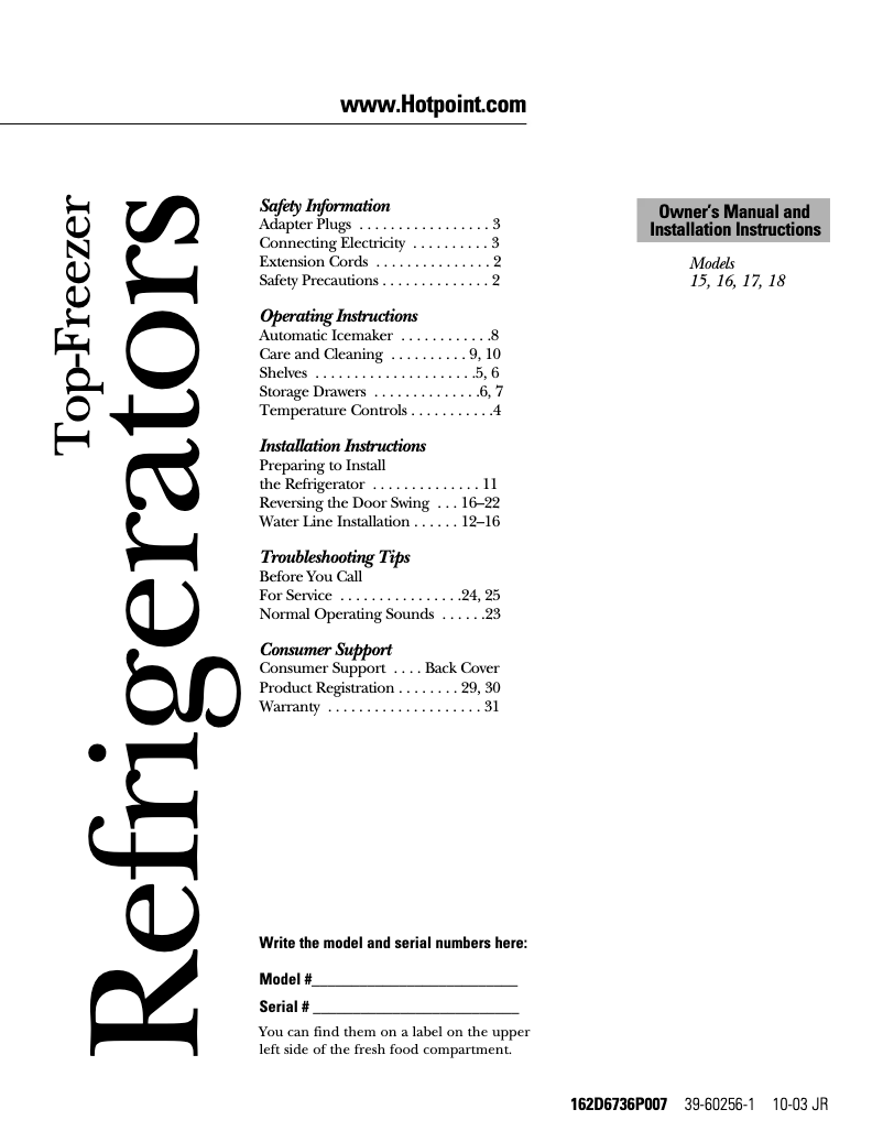 Page n°1 - Guide d'installation Hotpoint HTR16BBRRCC