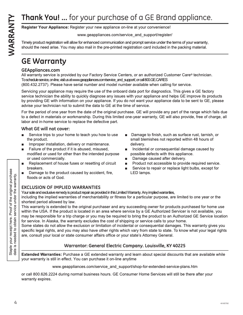Page 1 de la notice Informations de garantie GE JVW5301EJES