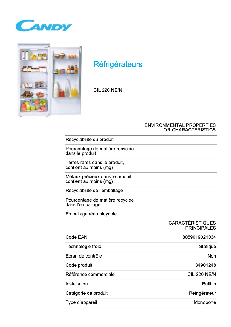 Page n°1 - Fiche technique Candy CIL 220 NE/N