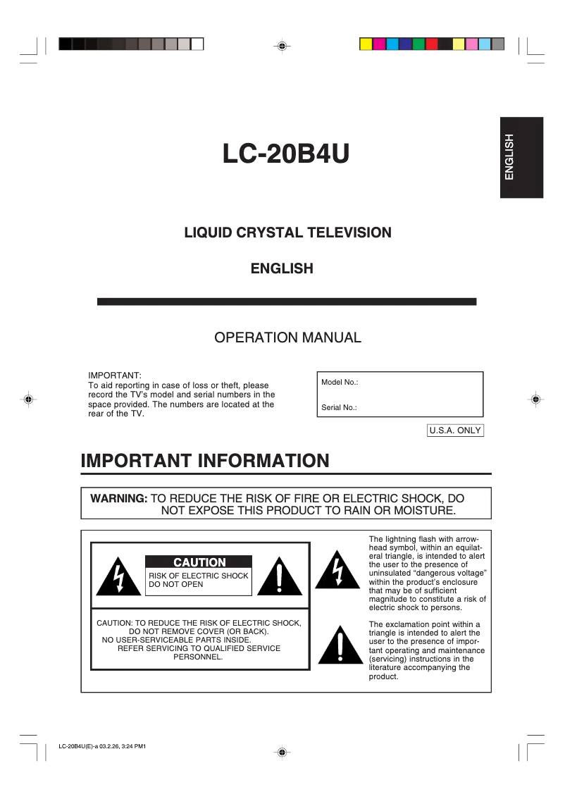 Page n°1 - Manuel utilisateur Sharp LC-20B4U