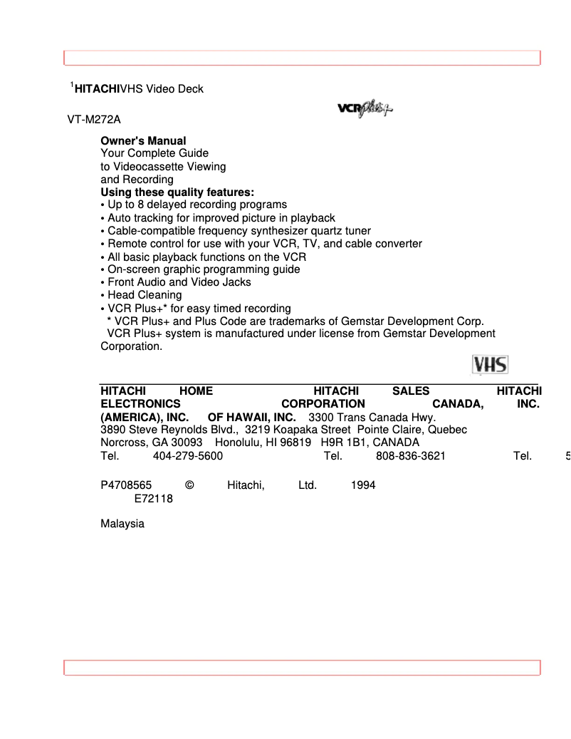 Page n°1 - Manuel utilisateur Hitachi VT-M272A