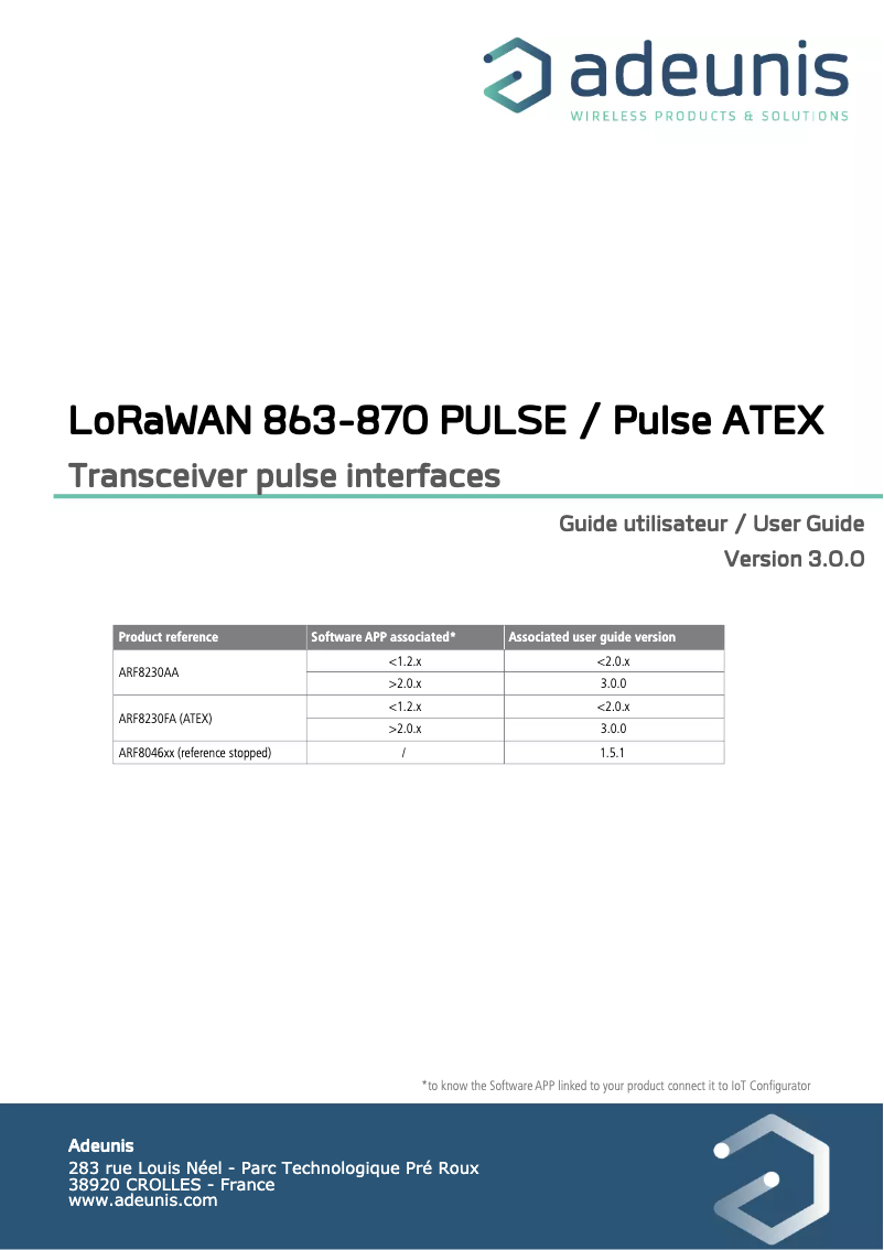 Page 1 de la notice Manuel utilisateur Adeunis ARF8230AA-CBL