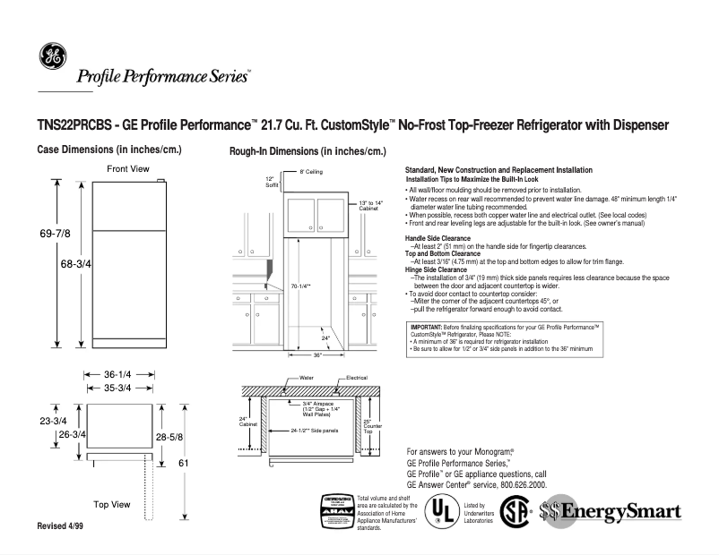 Page n°1 - Fiche technique GE Profile Performance TNS22PRCRBS