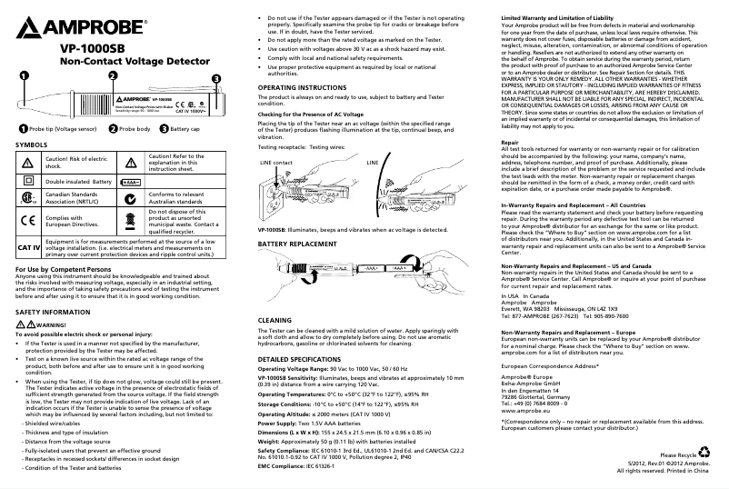 Page 1 de la notice Manuel utilisateur Amprobe VP-1000SB