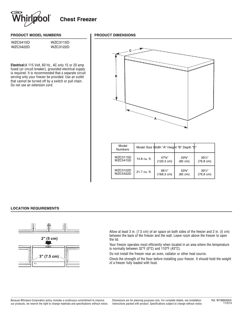 Page 1 de la notice Fiche technique Whirlpool WZC5422D