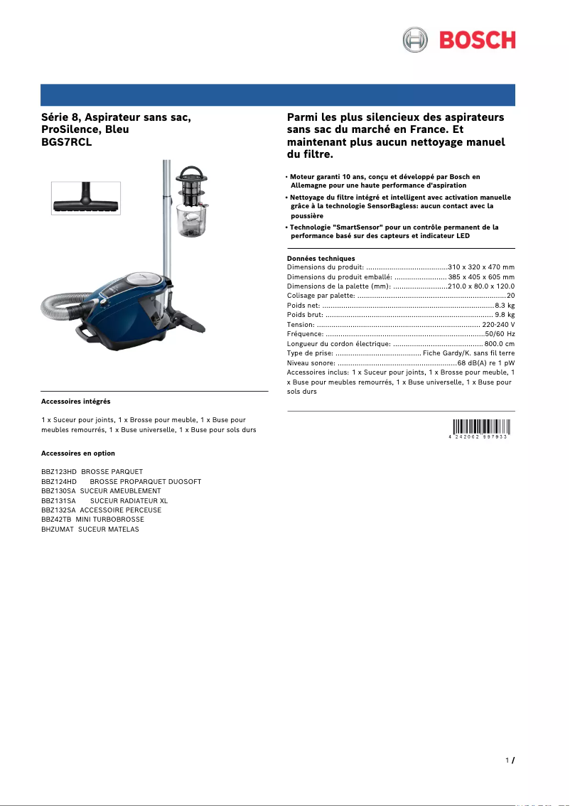 Page 1 de la notice Fiche technique Bosch BGS7RCL