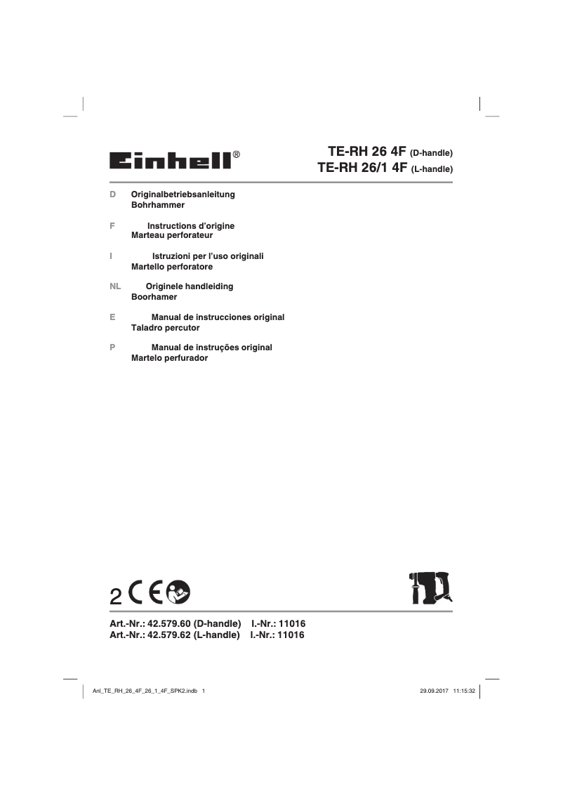 Page 1 de la notice Manuel utilisateur Einhell TE-RH 26 4F