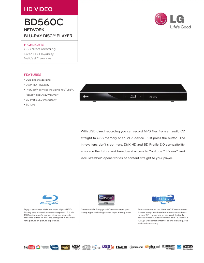 Page 1 de la notice Fiche technique LG BD560C