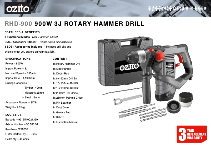 Page 1 de la notice Fiche technique Ozito RHD-900