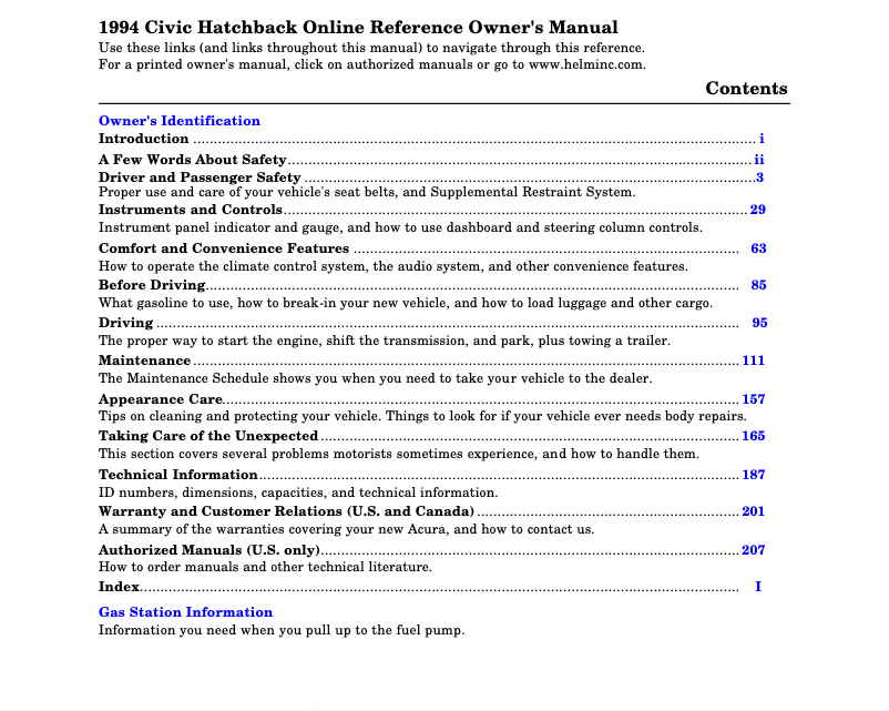 Image de la première page du manuel de l'appareil Civic Coupe (1994)