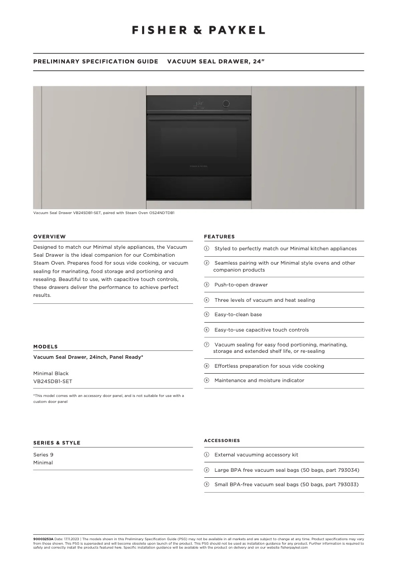 Page 1 de la notice Fiche technique Fisher & Paykel VB24SDB1-SET