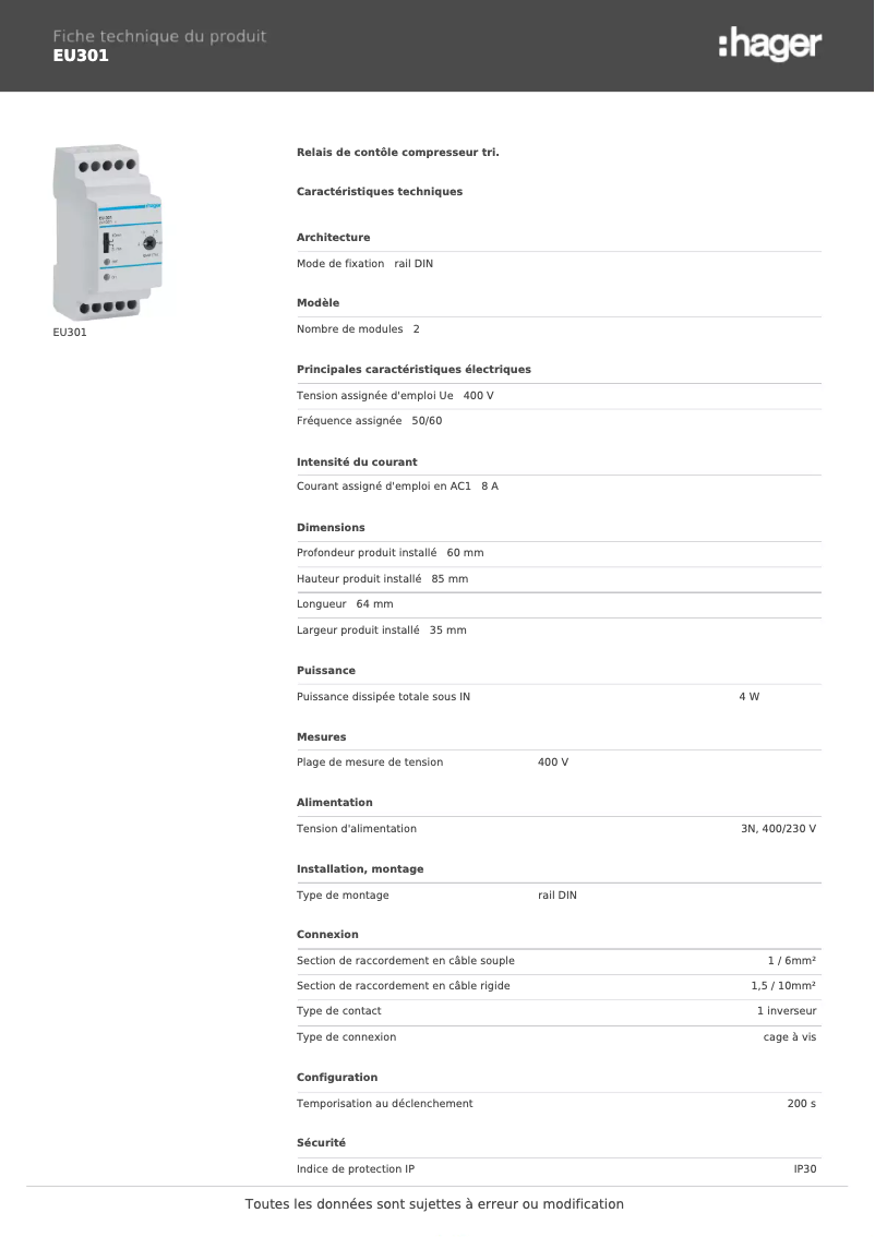 Page n°1 - Fiche technique Hager EU301